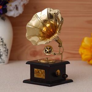 Premium Sparkle Square Gramophone Showpiece - 23 cm (Brass, Brown, Gold) (Black, Gold)