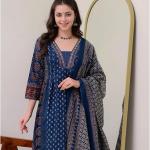 Women's Rayon Printed Anarkali Kurta and Pant with Dupatta Set